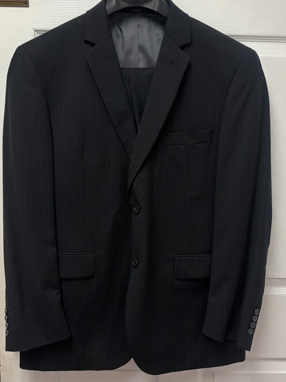Men's Black Pinstripe Two-Button Suit 42R jacket.  36/32 pants are NWT